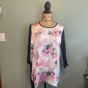 IMAN Women Casual Floral Satin Front Colorblock Navy 3/4 Sleeve Tunic Top Size L